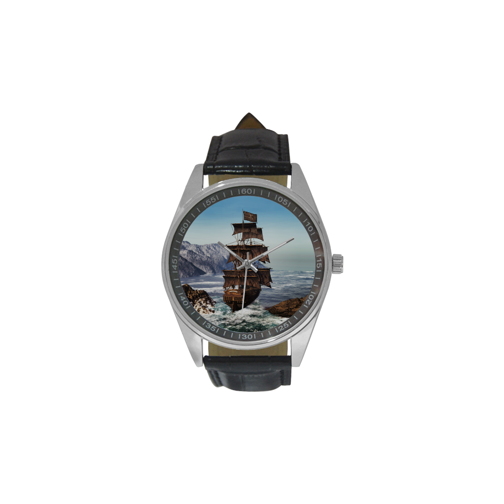 A pirate ship sails through the coastal Men's Casual Leather Strap Watch(Model 211)