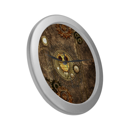 Steampunk, wonderful owl,clocks and gears Silver Color Wall Clock