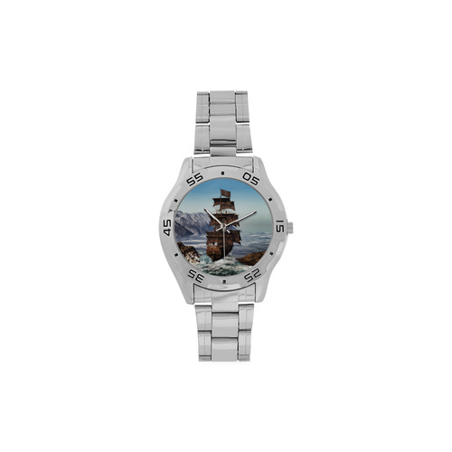 A pirate ship sails through the coastal Men's Stainless Steel Analog Watch(Model 108)