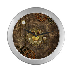Steampunk, wonderful owl,clocks and gears Silver Color Wall Clock