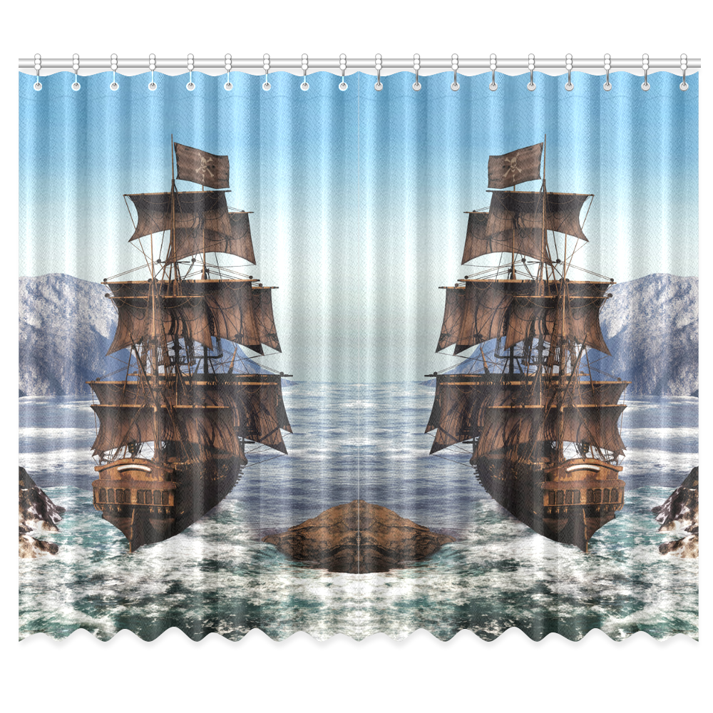 A pirate ship sails through the coastal Window Curtain 50