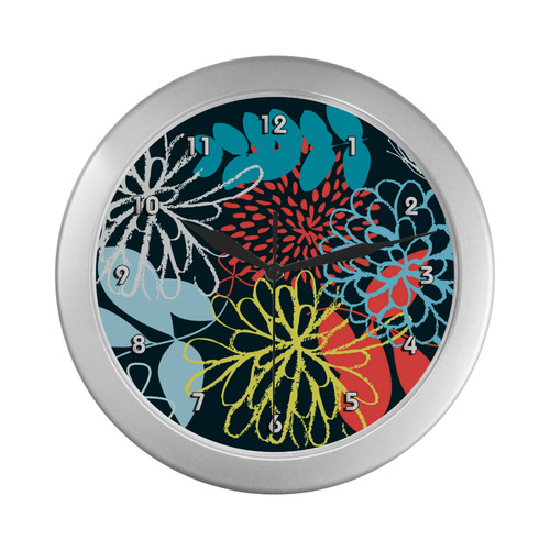 Colorful Abstract Flowers Butterfly Floral Silver Color Wall Clock