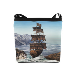 A pirate ship sails through the coastal Crossbody Bags (Model 1613)