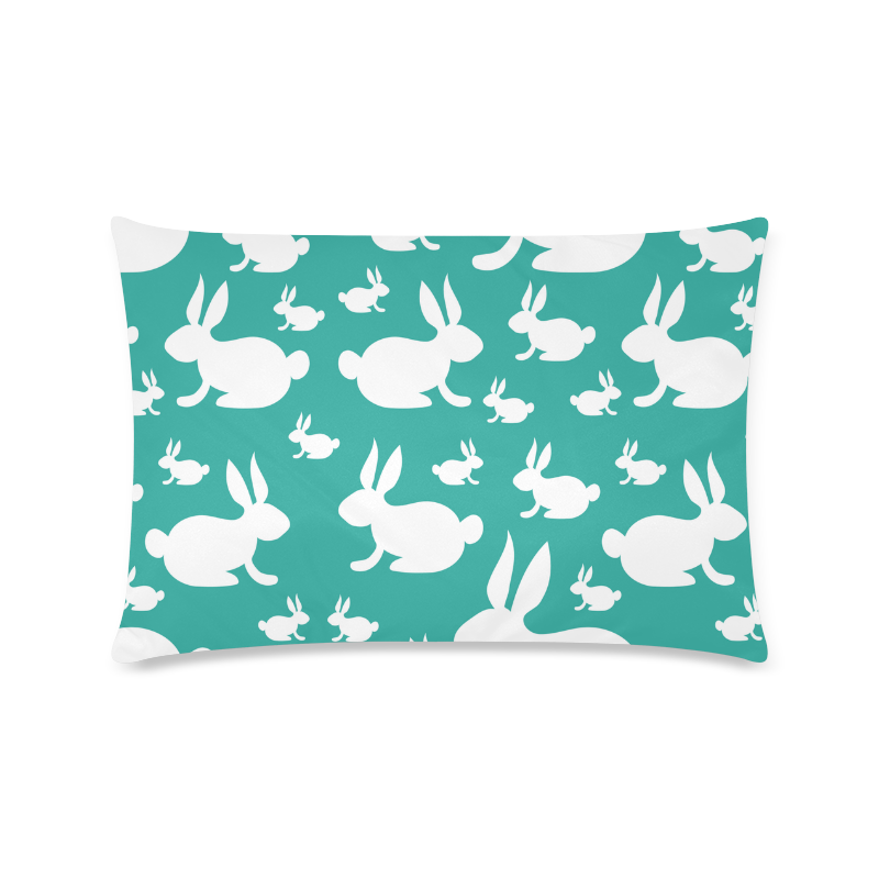 Bunny Rabbits Teal and White Custom Rectangle Pillow Case 16"x24" (one side)