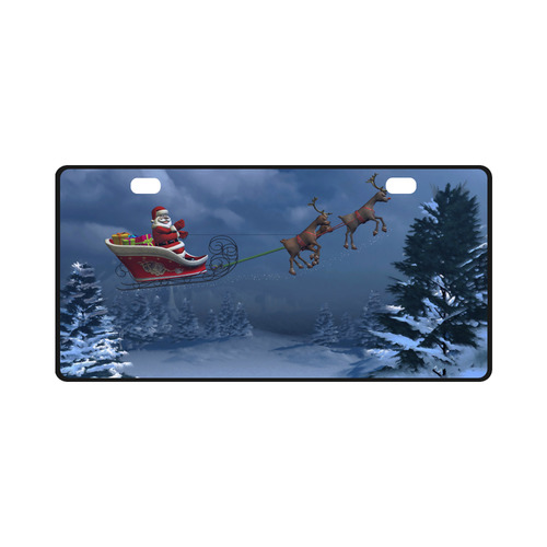 santa with sleigh and reindeers christmas License Plate