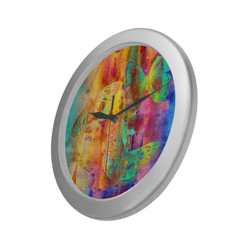 Colorful Butterflies Q Silver Color Wall Clock
