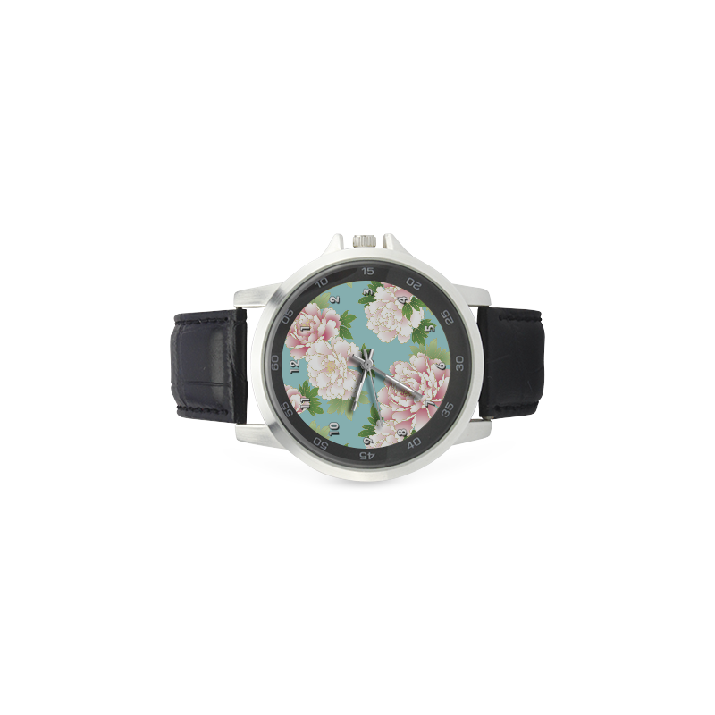 Beautiful Pink Peony Vintage Japanese Floral Unisex Stainless Steel Leather Strap Watch(Model 202)