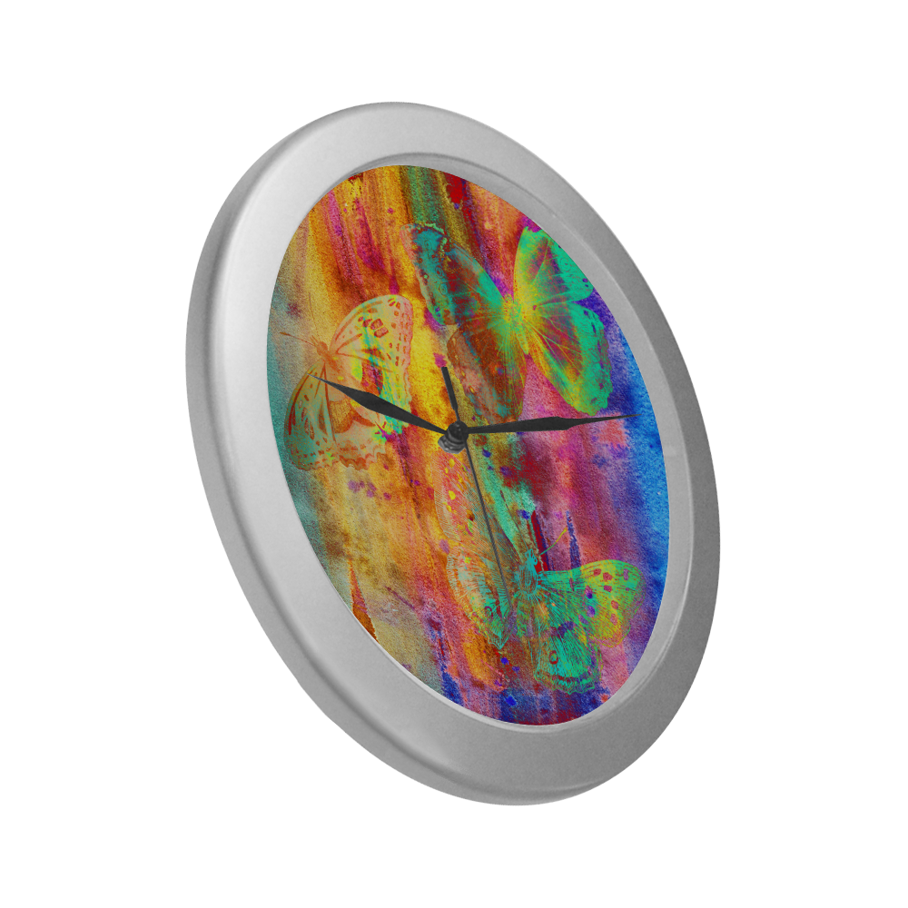 Colorful Butterflies Q Silver Color Wall Clock