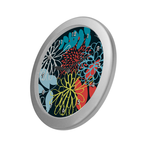 Colorful Abstract Flowers Butterfly Floral Silver Color Wall Clock