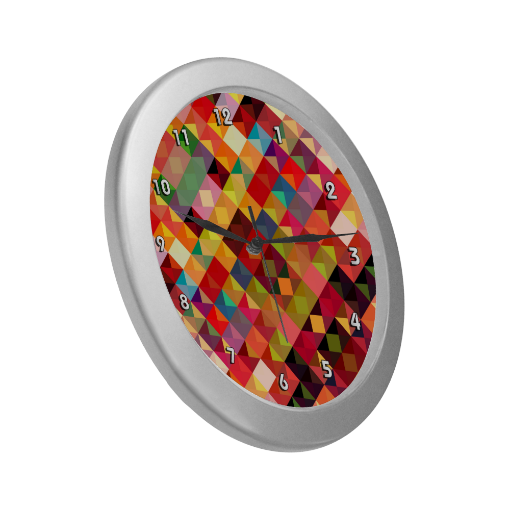 Colorful Red Orange Geometric Abstract Pattern Silver Color Wall Clock