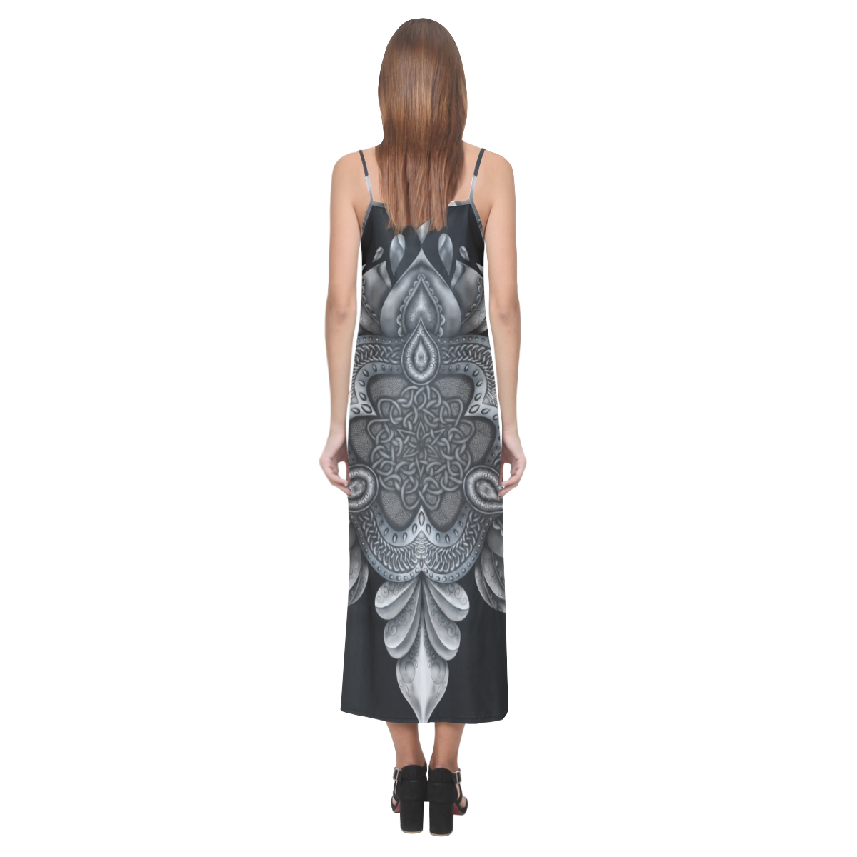 Silver Lotus Black V-Neck Open Fork Long Dress(Model D18)