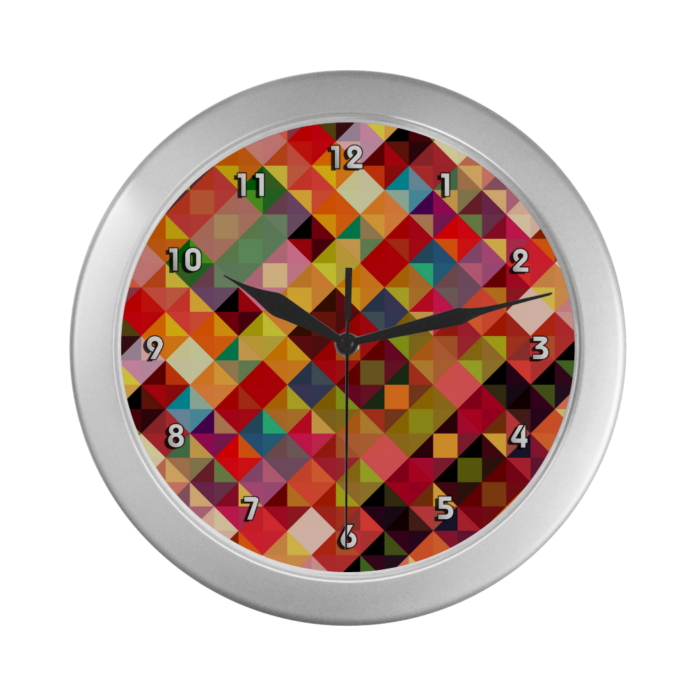 Colorful Red Orange Geometric Abstract Pattern Silver Color Wall Clock