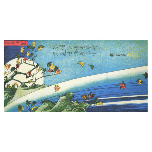 Hiroshige Moon Over Waterfall Vintage Japanese Cotton Linen Tablecloth 60"x120"