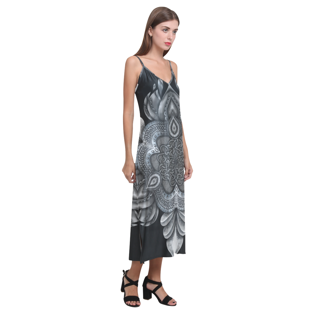 Silver Lotus Black V-Neck Open Fork Long Dress(Model D18)