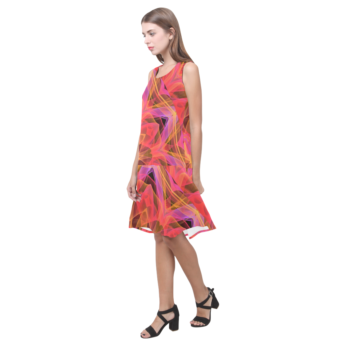 Abstract Peach Violet Mandala Ribbon Candy Lace Sleeveless Splicing Shift Dress(Model D17)