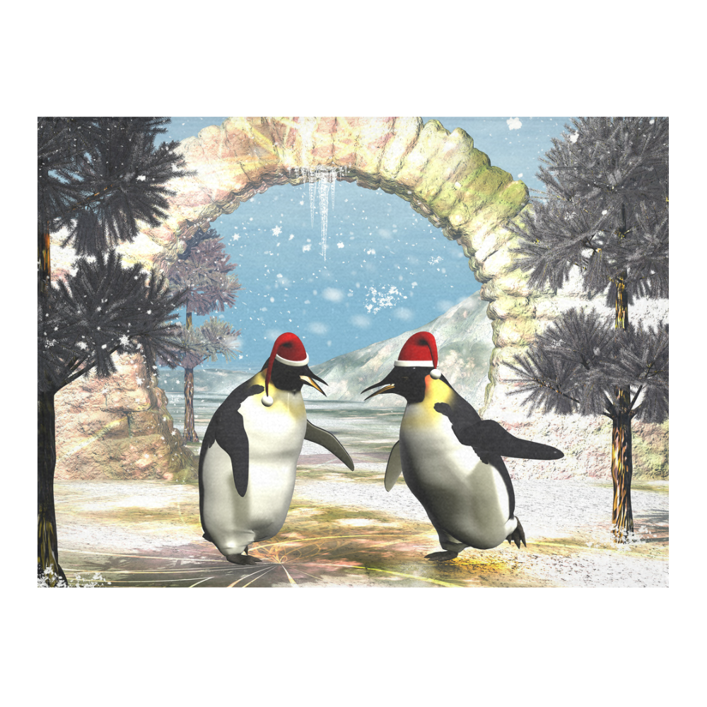 Funny penguins with christmas hat Cotton Linen Tablecloth 52"x 70"