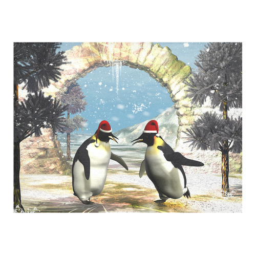 Funny penguins with christmas hat Cotton Linen Tablecloth 52"x 70"