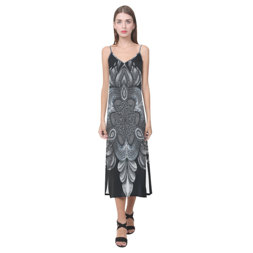 Silver Lotus Black V-Neck Open Fork Long Dress(Model D18)