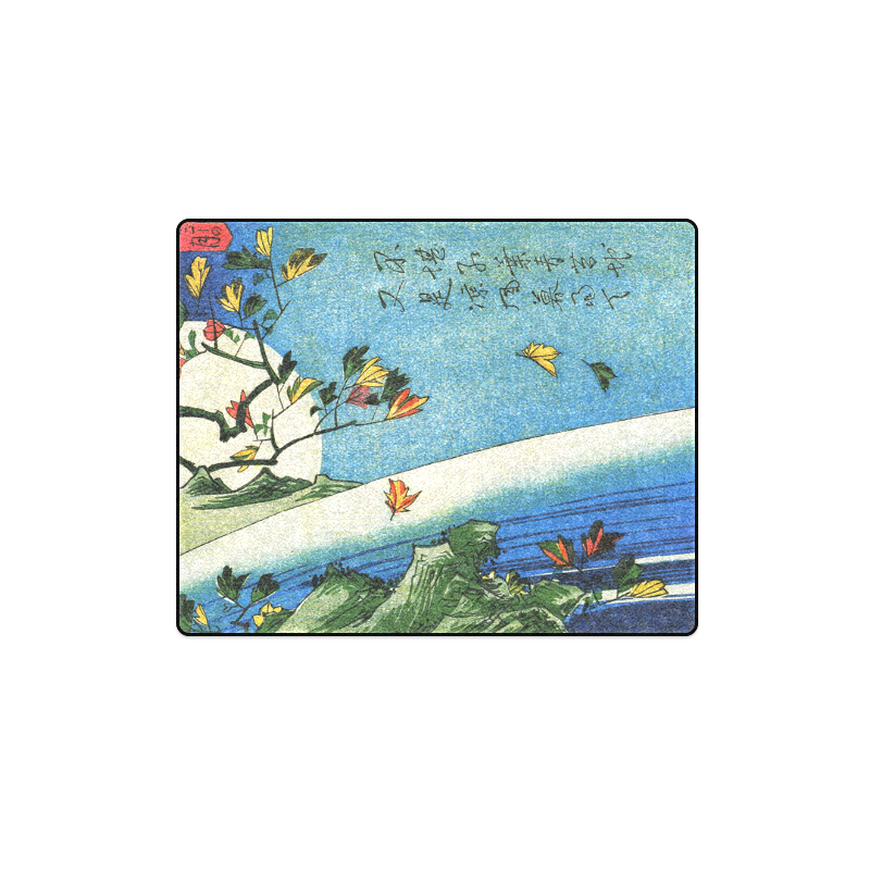 Hiroshige Moon Over Waterfall Vintage Japanese Blanket 40"x50"