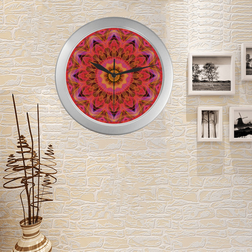 Abstract Peach Violet Mandala Ribbon Candy Lace Silver Color Wall Clock