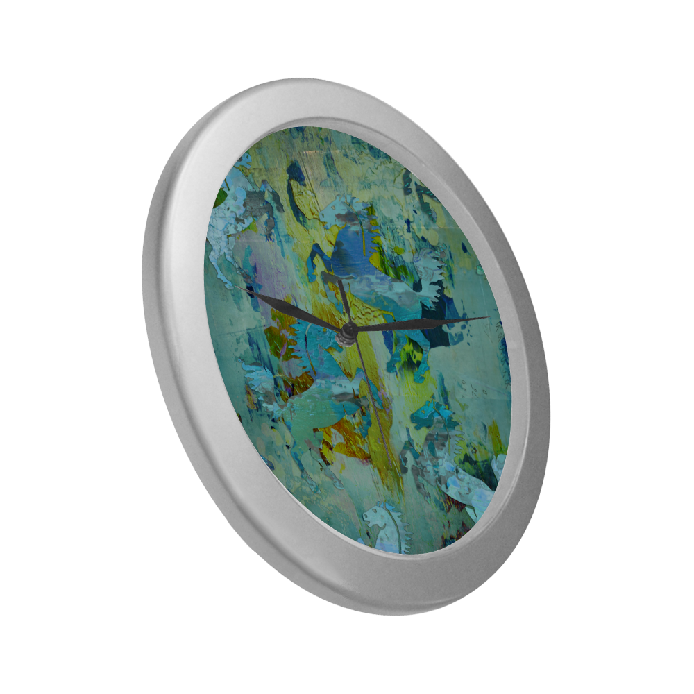 Rearing Horses grunge style painting Silver Color Wall Clock