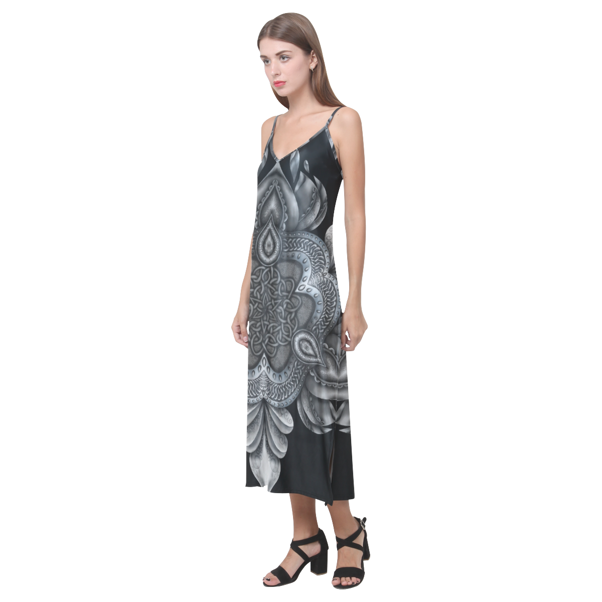 Silver Lotus Black V-Neck Open Fork Long Dress(Model D18)