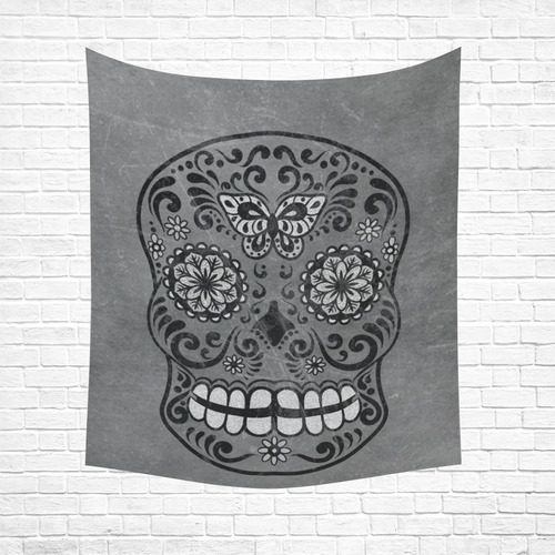 Dark gothic silver grey sugar skull Cotton Linen Wall Tapestry 51"x 60"