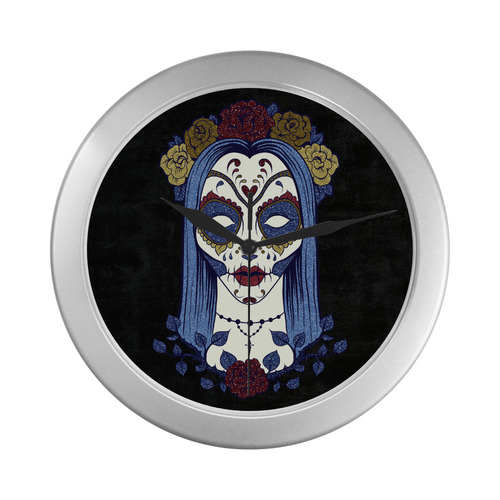 Dark gothic rose sugar skull Silver Color Wall Clock