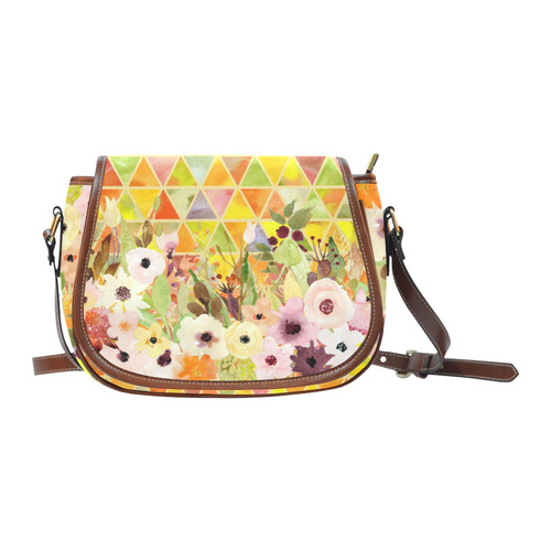 Watercolor Flowers Triangles Orange Yellow Green Saddle Bag/Large (Model 1649)