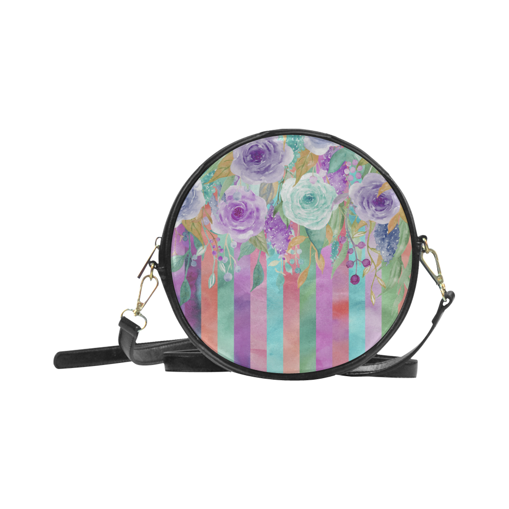 Watercolor Flowers Stripes Cyan Purple Orange Round Sling Bag (Model 1647)