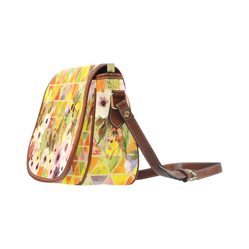 Watercolor Flowers Triangles Orange Yellow Green Saddle Bag/Large (Model 1649)