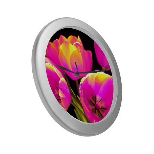 Colorful Tulips Silver Color Wall Clock