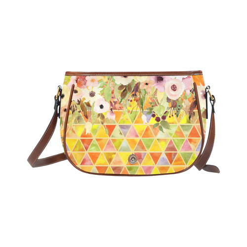 Watercolor Flowers Triangles Orange Yellow Green Saddle Bag/Small (Model 1649) Full Customization