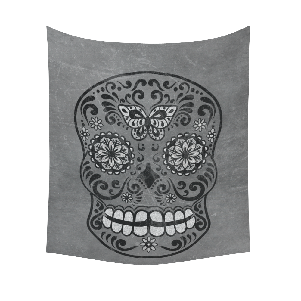 Dark gothic silver grey sugar skull Cotton Linen Wall Tapestry 51"x 60"