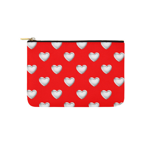 Silver 3-D Look Valentine Love Hearts on Red Carry-All Pouch 9.5''x6''