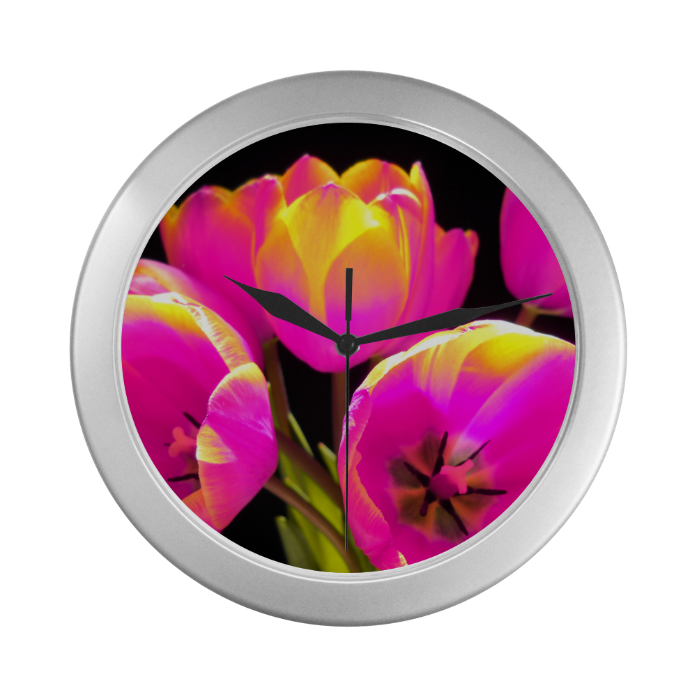 Colorful Tulips Silver Color Wall Clock