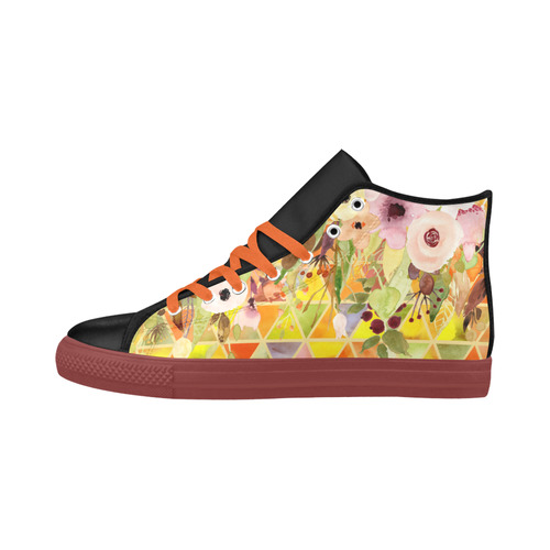 Watercolor Flowers Triangles Orange Yellow Green Aquila High Top Microfiber Leather Women's Shoes (Model 032)