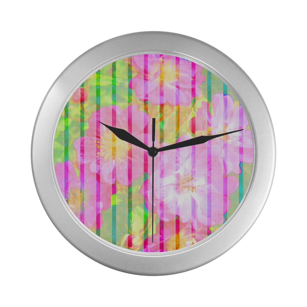 Colorful Flowers Silver Color Wall Clock