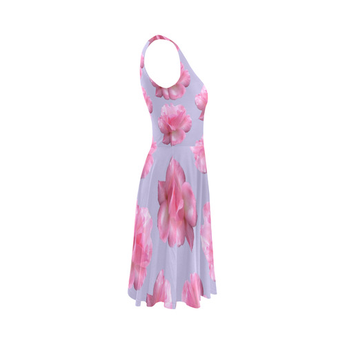 Pink Roses Pattern on Blue Sleeveless Ice Skater Dress (D19)
