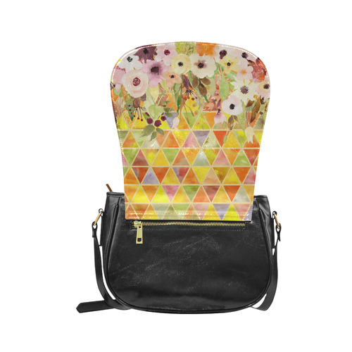Watercolor Flowers Triangles Orange Yellow Green Classic Saddle Bag/Large (Model 1648)