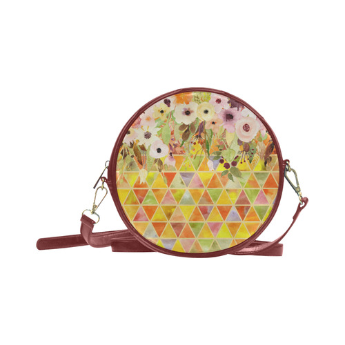 Watercolor Flowers Triangles Orange Yellow Green Round Sling Bag (Model 1647)