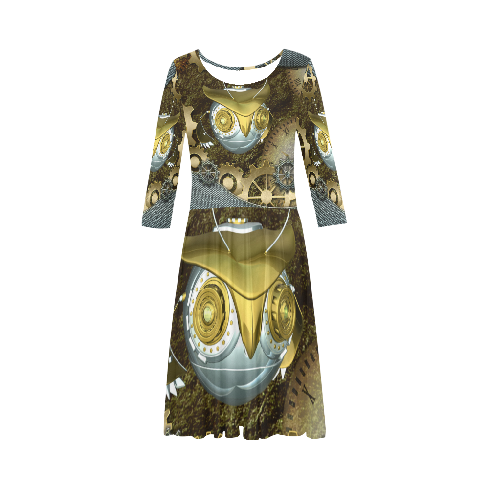 Steampunk, mechanical owl Elbow Sleeve Ice Skater Dress (D20)