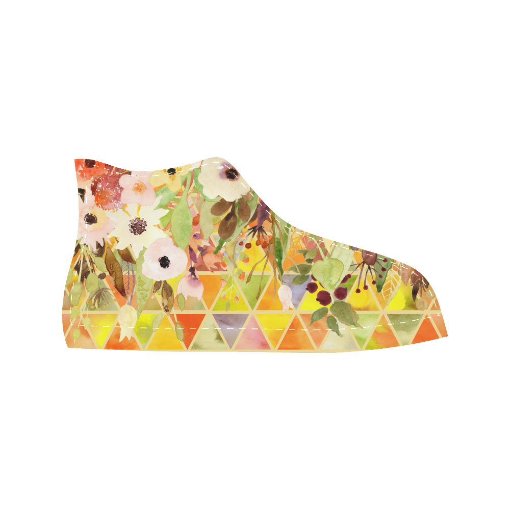 Watercolor Flowers Triangles Orange Yellow Green Aquila High Top Microfiber Leather Women's Shoes (Model 032)