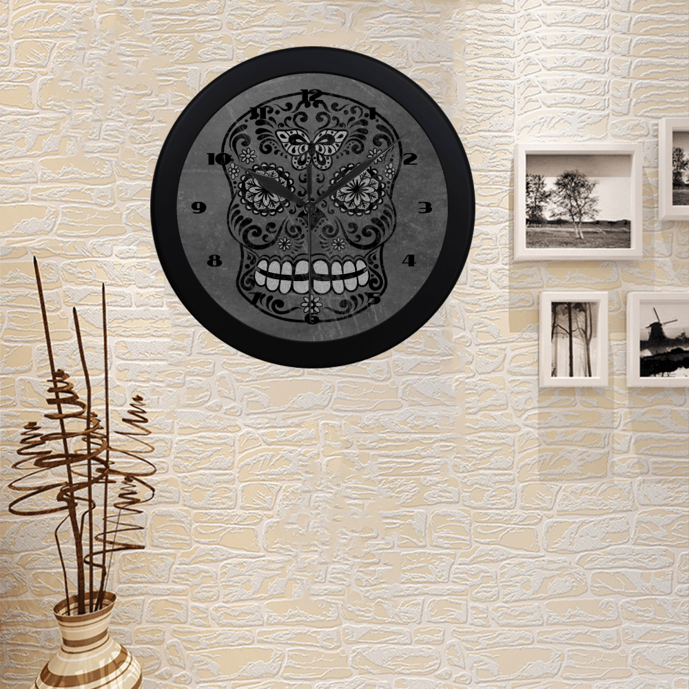 Dark gothic silver grey sugar skull Circular Plastic Wall clock