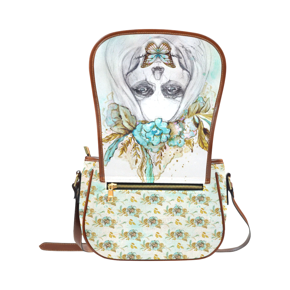Sugar Skull Girl Mint Gold With Flowers Saddle Bag/Small (Model 1649) Full Customization