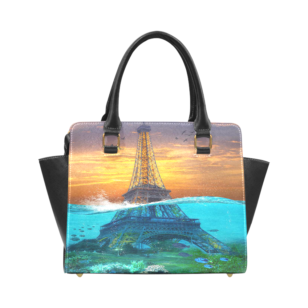 Sunk eiffel tower underwater world fish Rivet Shoulder Handbag (Model 1645)