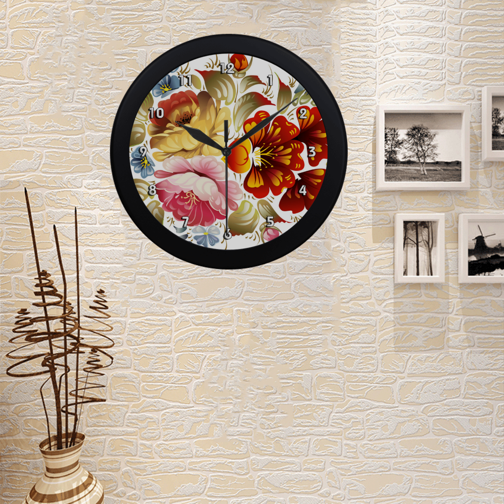 Vintage Folk Art Floral Flower Circular Plastic Wall clock