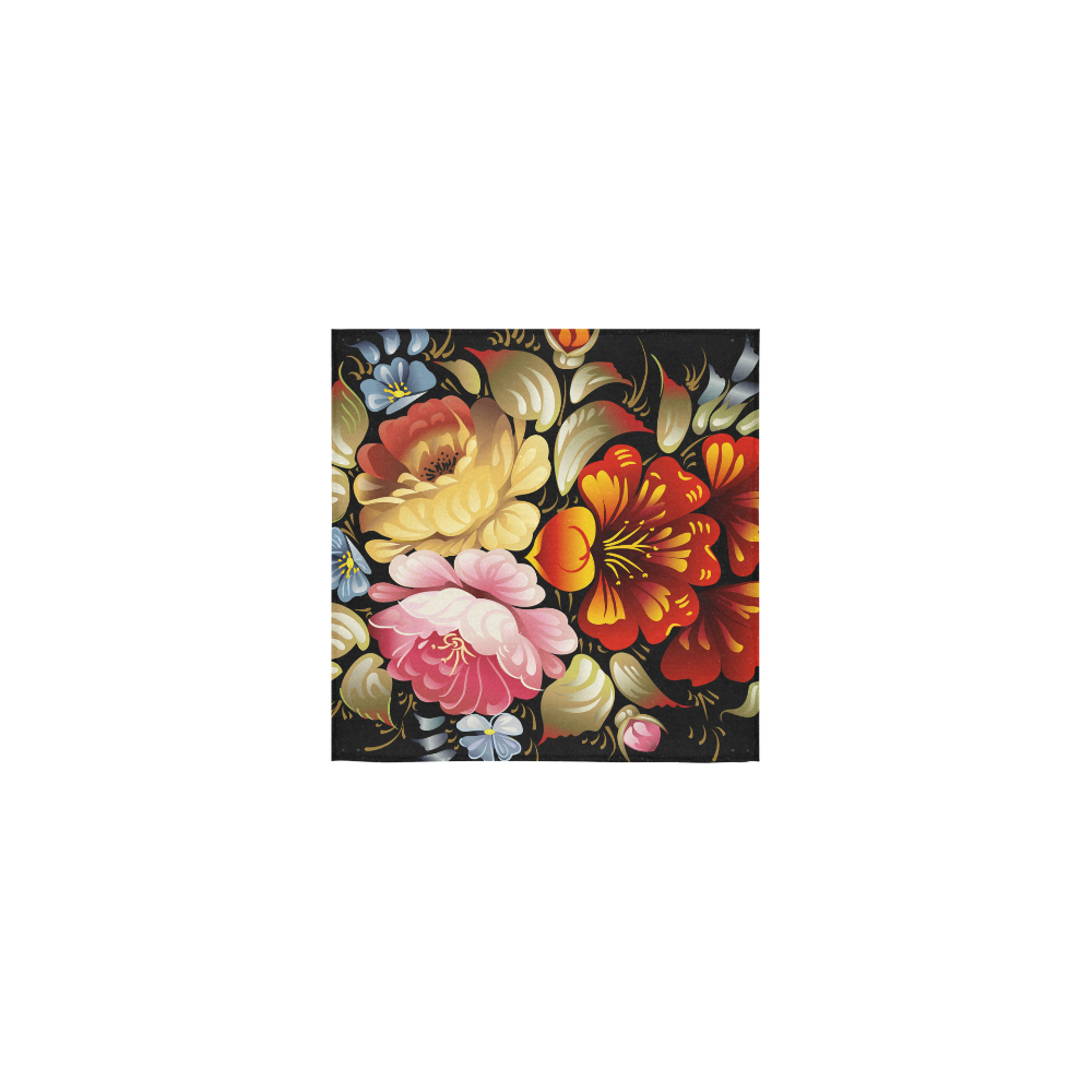 Beautiful Vintage Folk Art Floral On Black Square Towel 13“x13”