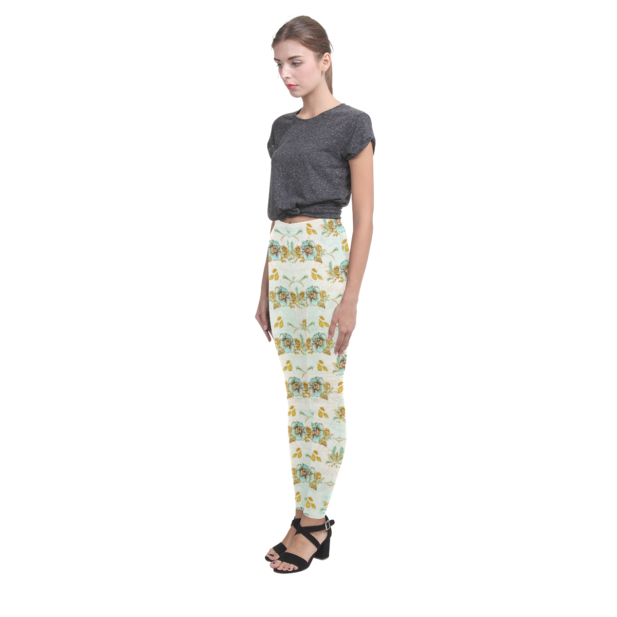 watercolor flowers mint gold Cassandra Women's Leggings (Model L01)