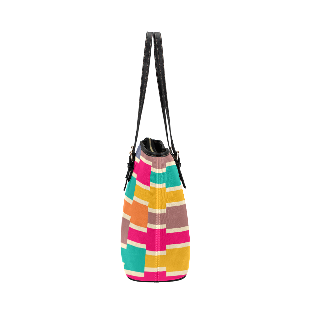 Connected colorful rectangles Leather Tote Bag/Large (Model 1651)